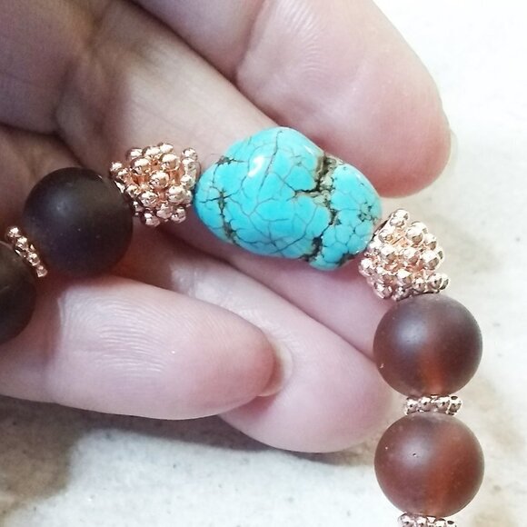 ๐๐๐ GIFT WORTHY ~ Beaded Bracelet + Earring Set! Turquoise + Brown + Rosegold - Picture 7 of 7